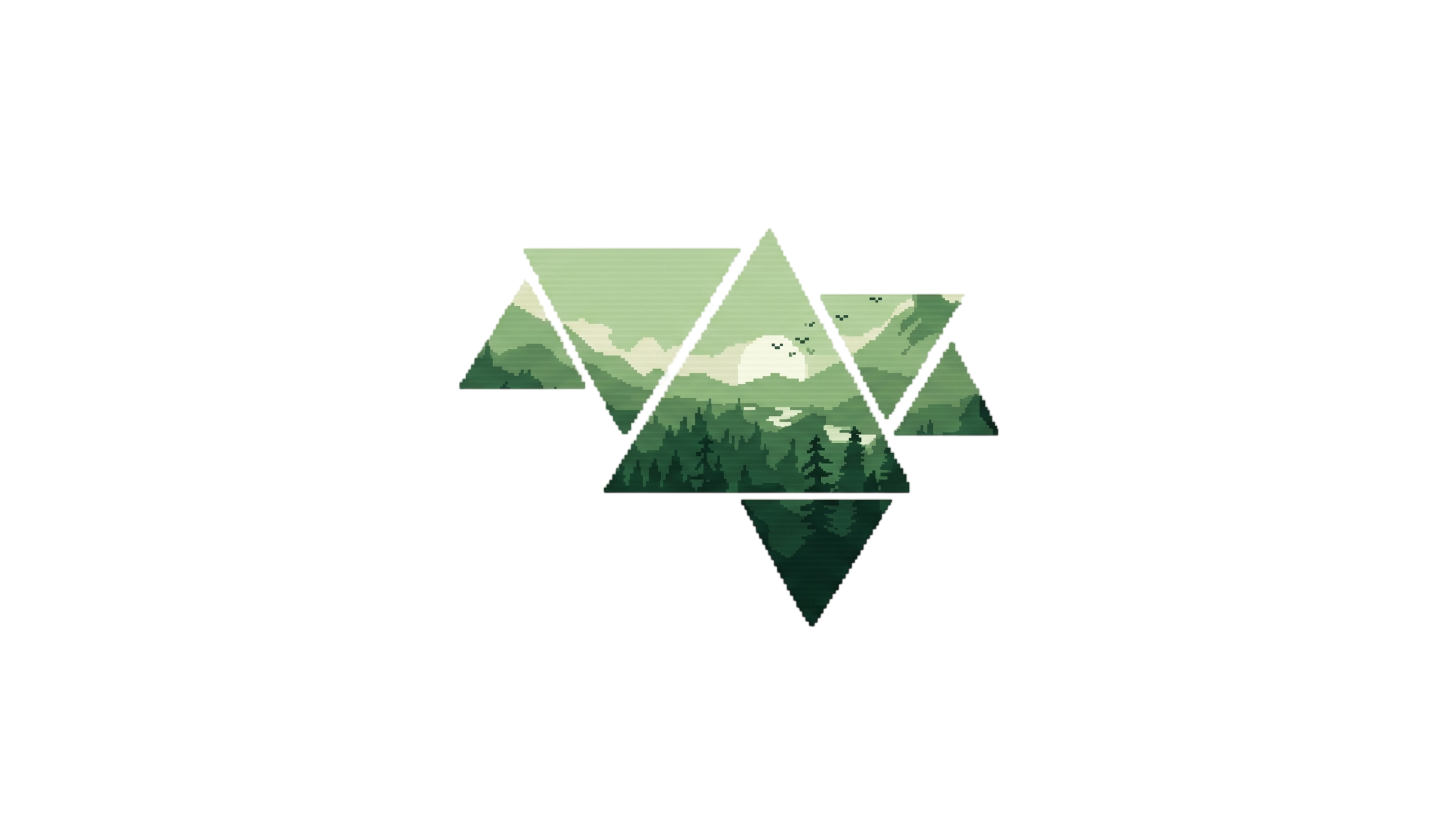 Green pixel-art triangles containing a mountain, forest and lake